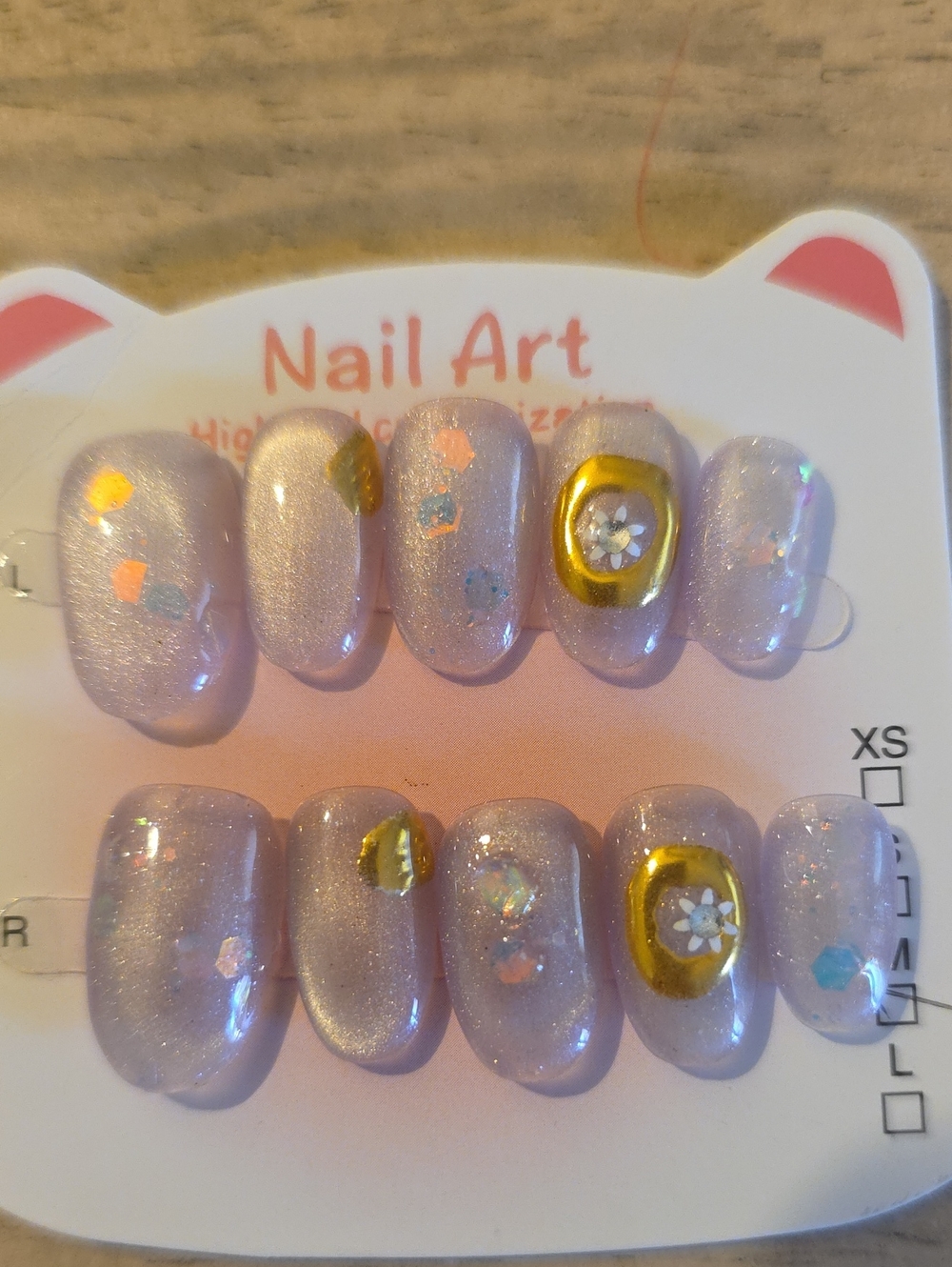 Kids Press-On Nail Set in Shimmery Pink with Gold Accents Size Med